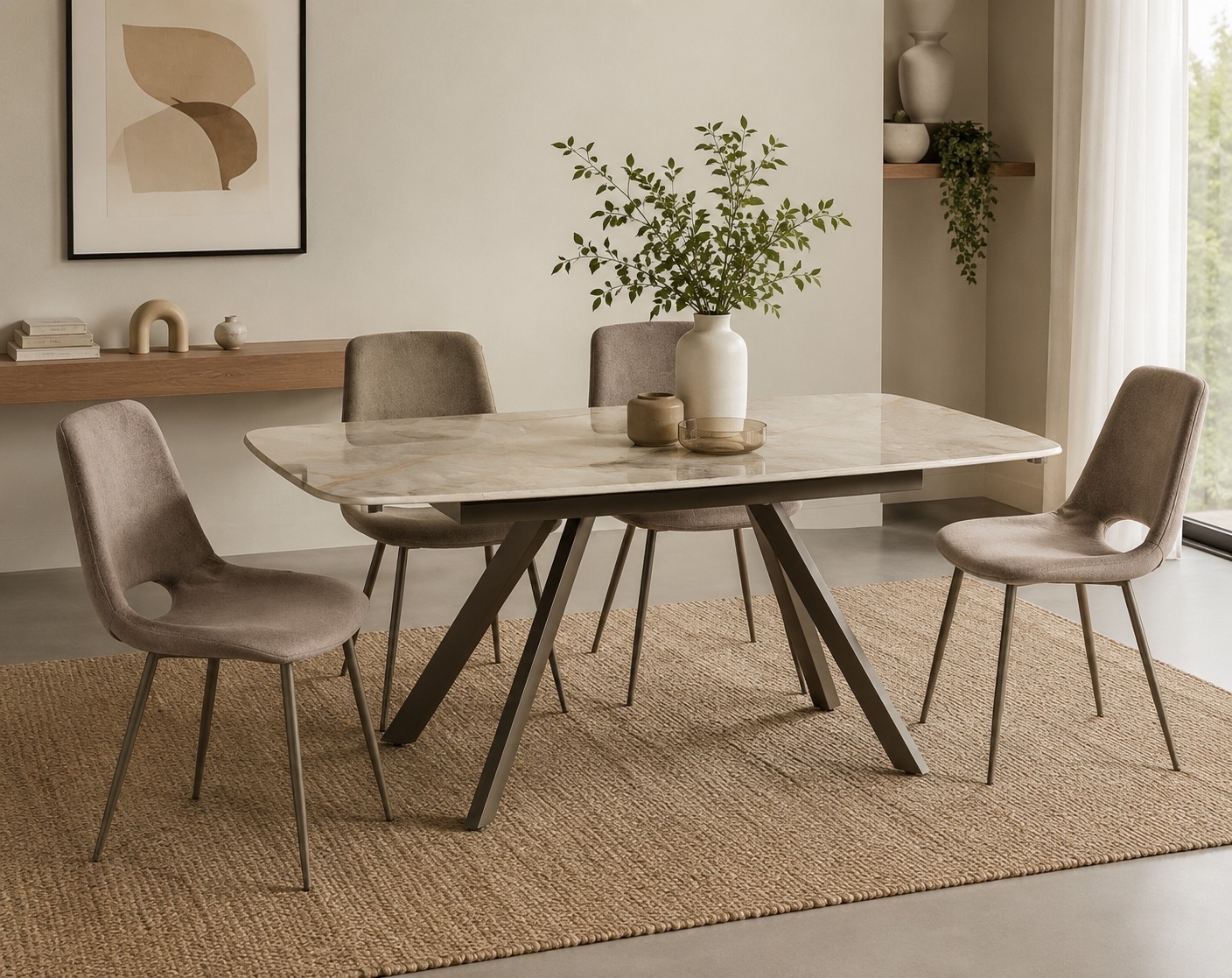 Zona pranzo arredata da Venti con tavolo in ceramica effetto marmo e sedute in tessuto
